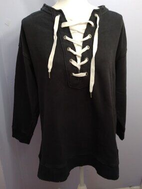 Aerie Women's Lace Up Pullover Sweatshirt Black Long Sleeve Relaxed Fit Small